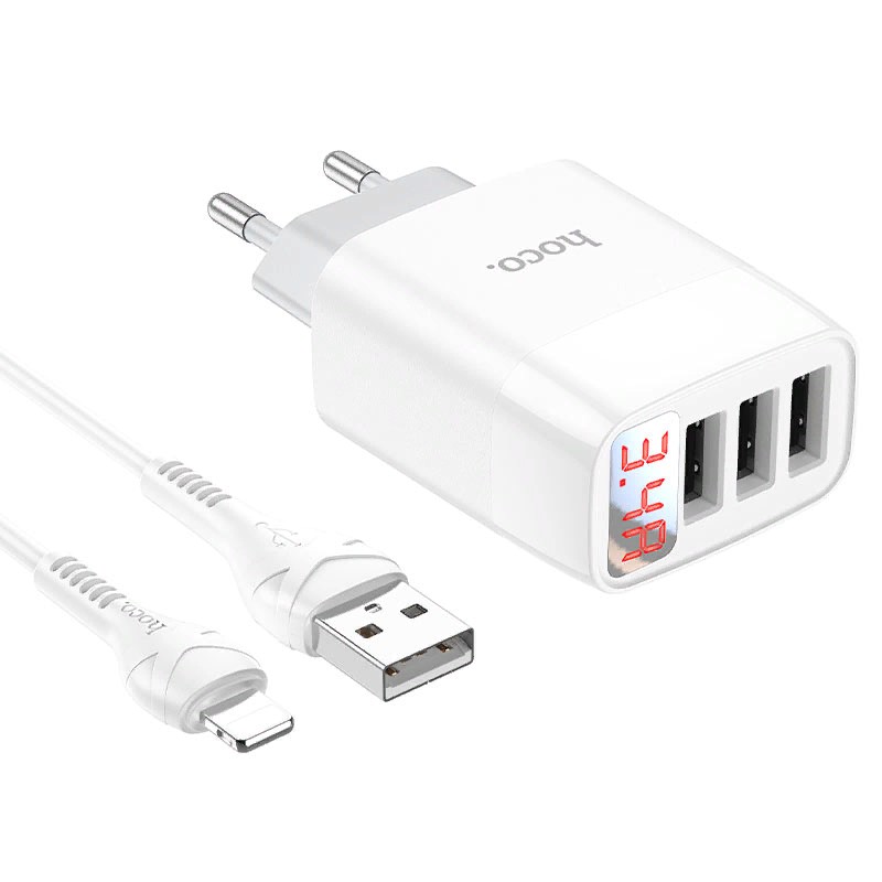 Адаптер питания Hoco C93A Easy charge 3-port digital display charger с кабелем Lightning (3USB: 5V max 3.4A) Белый