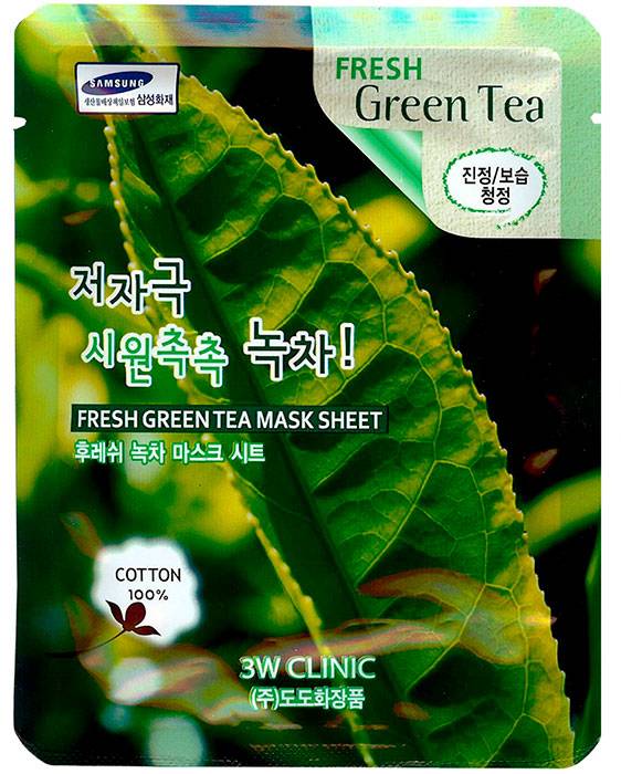 3W Clinic Маска тканевая с экстрактом зеленого чая - Fresh green tea mask sheet, 23мл