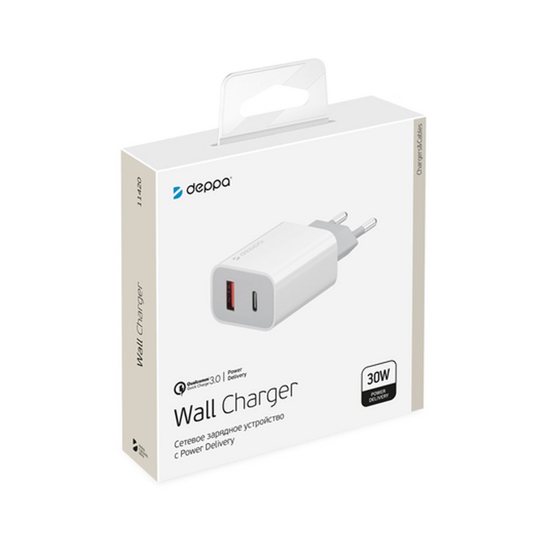 Адаптер питания Deppa USB Power Delivery+QC 3.0 30Вт D-11420 (Type-C+USB: 5В/ 3А, 9В/ 2А, 12В/ 1.5А) Белый