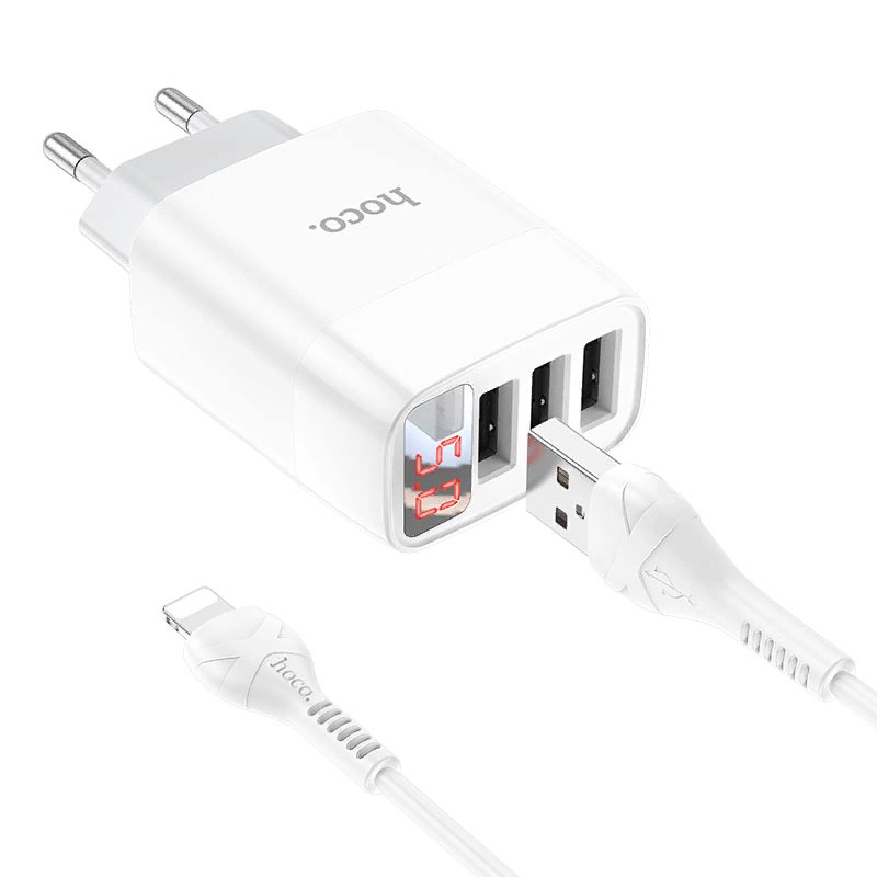 Адаптер питания Hoco C93A Easy charge 3-port digital display charger с кабелем Lightning (3USB: 5V max 3.4A) Белый