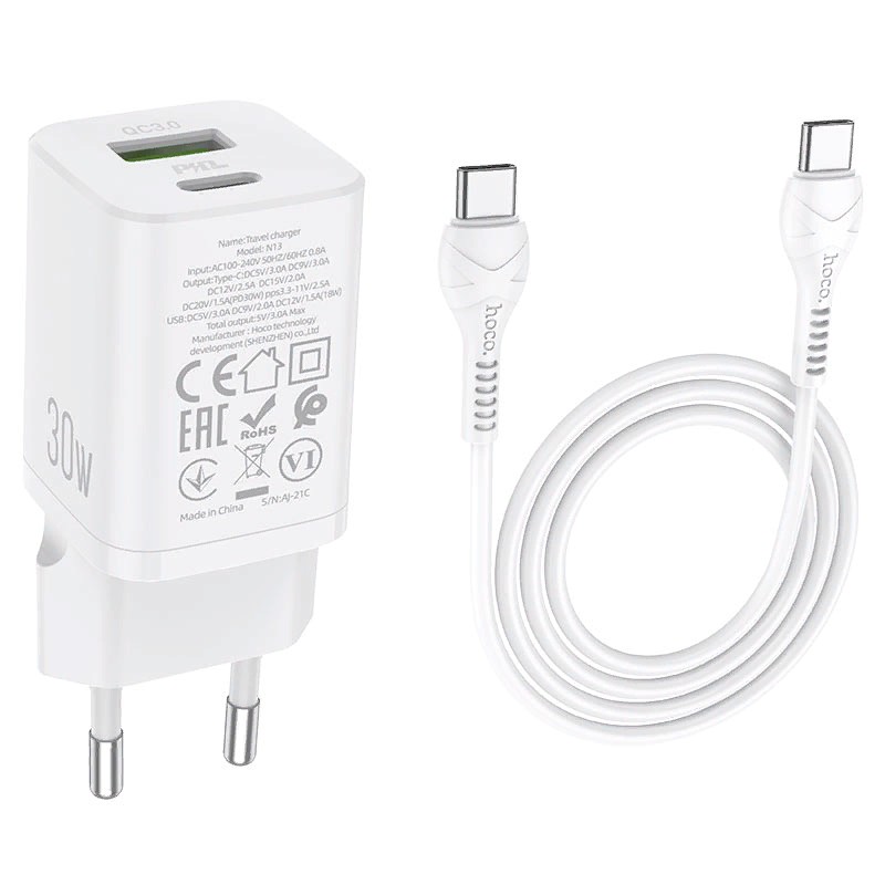 Адаптер питания Hoco N13 Bright PD30W+QC3.0 charger с кабелем Type-C to Type-C (USB: 5V max 3.0A/ 30Вт) Белый