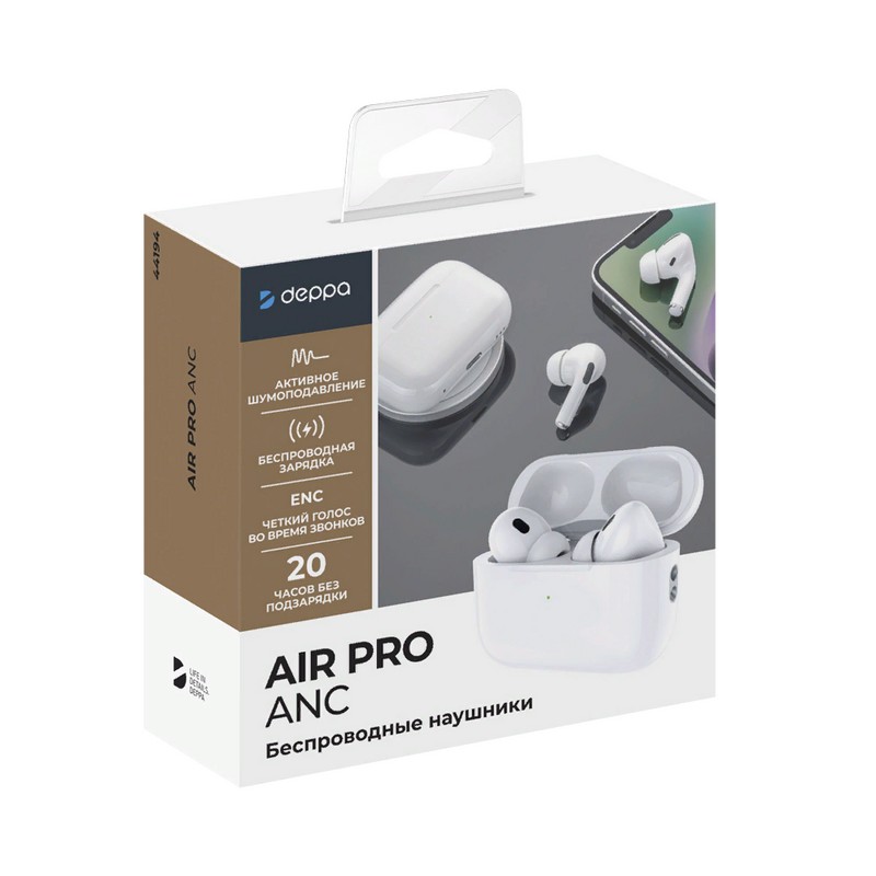 Bluetooth-гарнитура Deppa Air Pro 2 ANC TWS BT 5.2 (D-44194) с зарядным устройством Белый