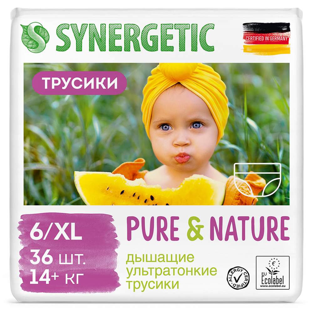 Подгузники-трусики детские "Pure&Nature", дышащие, размер 6/xl, 14+ кг Synergetic 1410 г 36 шт