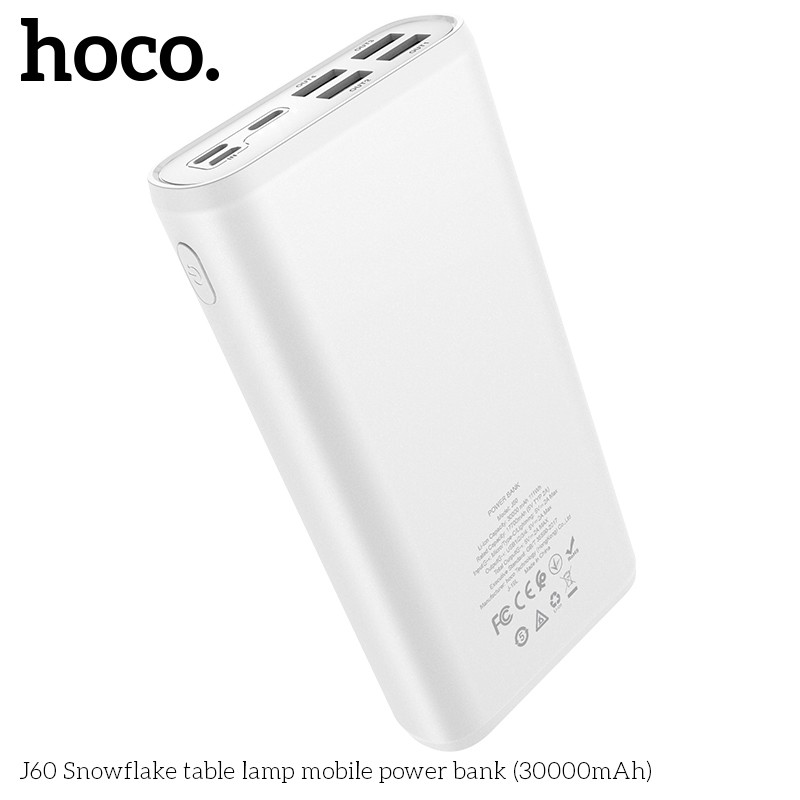 Аккумулятор внешний универсальный Hoco J60 30000 mAh Snowflake table lamp mobile power bank (4USB:5V-2.0A Max) Белый