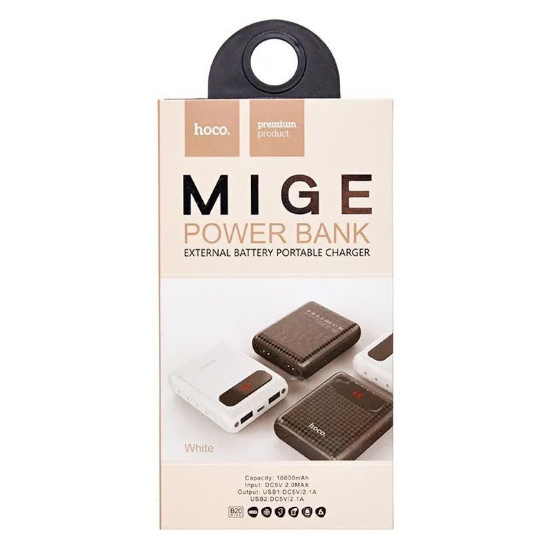 Аккумулятор внешний универсальный Hoco B20-10000 mAh Mige Power Bank (2USB: 5V-2.1A) White Белый