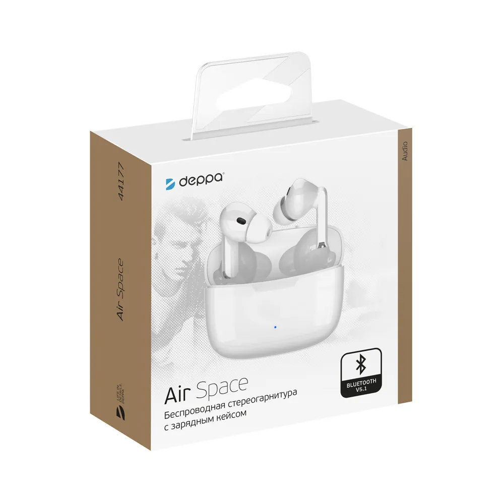 Bluetooth-гарнитура Deppa Air Space TWS BT 5.1 (D-44177) с зарядным устройством 300 мАч Белый