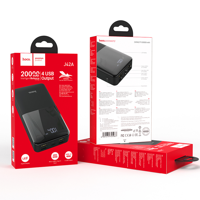 Аккумулятор внешний универсальный Hoco J42A 20000 mAh High power mobile power bank (4USB:5V-2.0A Max) Черный