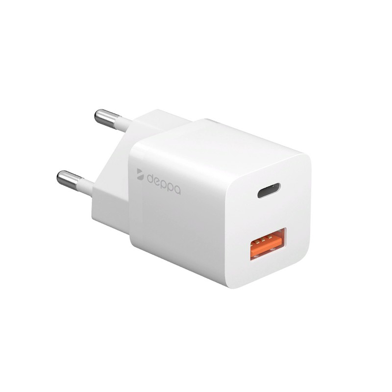 Адаптер питания Deppa USB + Type-C Power Delivery+QC 3.0 20Вт D-11410 (5В/ 3А, 9В/ 2.22А, 12В/ 1.67А) Белый